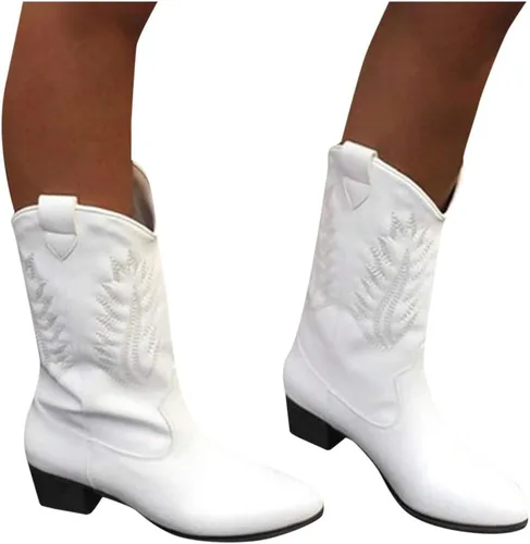 Miniatura 5 de Hbeylia Botas vaqueras occidentales para mujer, de cuero vintage, punta redonda, tacón medio, ancho, de media pantorrilla, botas vaqueras retro sin