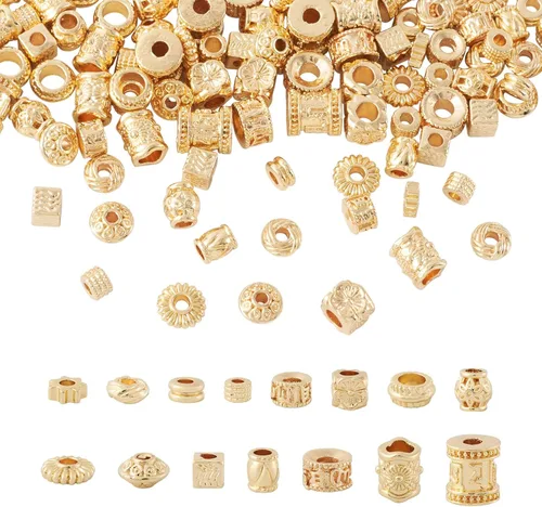 Miniatura 27 de Craftdady 300 piezas Cuentas espaciadoras de aleación tibetana dorada antigua 30 estilos surtidos Cuentas de columna poligonal asimétrica, cuentas