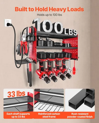 Miniatura 5 de VEVOR Organizador de herramientas eléctricas con estación de carga, estante de almacenamiento para taladros de 3 capas con 4 soportes para taladros