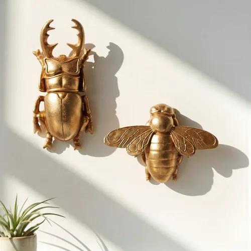 Kathfly 2 piezas de escultura de pared vintage de resina dorada 3D, decoración de pared de latón dorado flotante para sala de estar, jardín al aire