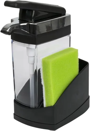 Casabella Sink Sider Solo Dispensador de Jabón de Cocina y Organizador de Esponja, Negro/Cromo - Organizador 2 en 1 de Jabón y Esponja, Dispensación