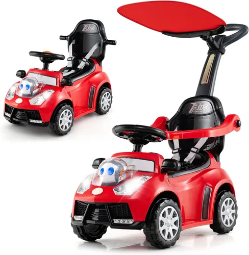 Miniatura 10 de Costzon Coche de empuje para niños pequeños, cochecito 3 en 1, auto deslizante para caminar con asa, toldo, cinturón de seguridad, bocina, música