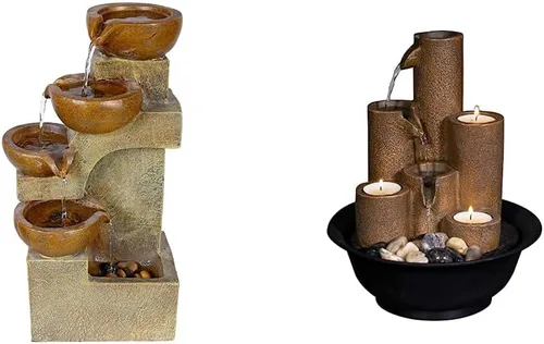 Alpine Corporation WCT726 - Fuente de mesa escalonada, 9 pulgadas de largo x 7 pulgadas de ancho x 16 pulgadas de alto, fuente de mesa marrón, beige