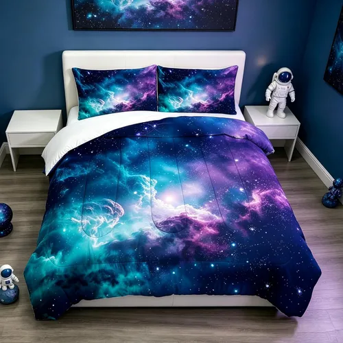 Juego de edredón de galaxia azul, tamaño individual, ropa de cama espacial para niños, niñas, adolescentes, decoración de dormitorio, luna, nube,