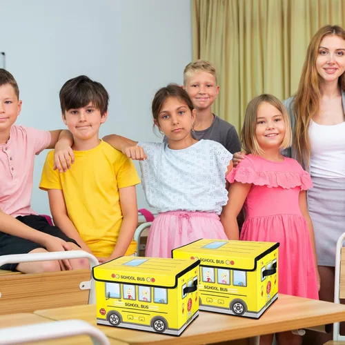 Miniatura 5 de Sweetude Caja del tesoro de autobús escolar de 2 piezas para el aula, caja plegable de almacenamiento de juguetes con tapa, organizador de tesoros