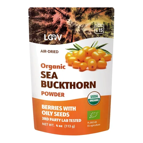 LOOV Polvo de Baya de Espino Amarillo Orgánico, Alto en Fibra, Omegas, Vitamina C, Vitamina E, Hecho de Bayas Enteras, 4 Oz, Cultivado en Clima