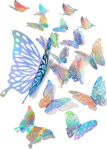 60 calcomanías de pared de mariposa plateada iridiscente 3D, calcomanías holográficas con 5 estilos murales de papel decorativo para guardería, aula