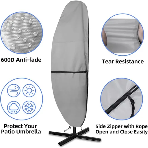 Miniatura 5 de Cubierta para sombrilla de patio, 600D impermeable, anti-UV, se adapta a paraguas de 7.5 a 11.5 pies (gris)