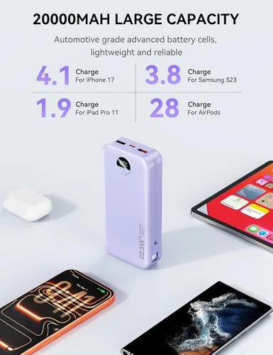 Miniatura 5 de Cargador portátil, 20000 mAh 22.5 W, cargador de energía de carga rápida con cables integrados y enchufe de pared, batería externa USB C con Púrpura