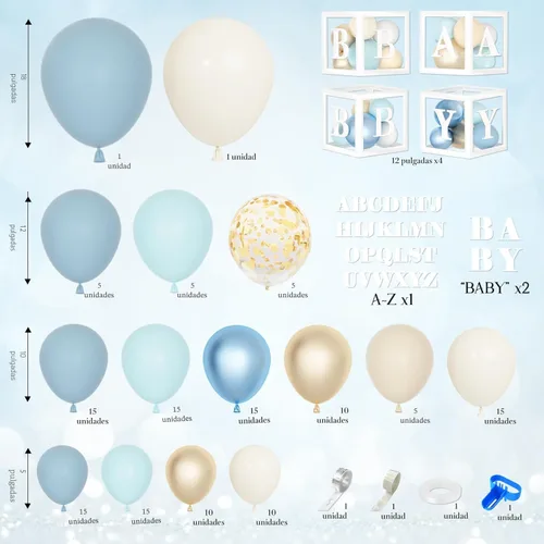 Miniatura 3 de 153 piezas de decoración de baby shower azul polvoriento para niño, kit de arco de globos azules con letra (A-Z+Bebé) para suministros de fiesta