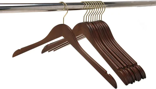 Miniatura 3 de Perchas de madera semicurvadas de calidad, paquete de 10 perchas de madera maciza con acabado liso con gancho giratorio, chaqueta, pantalón, perchas