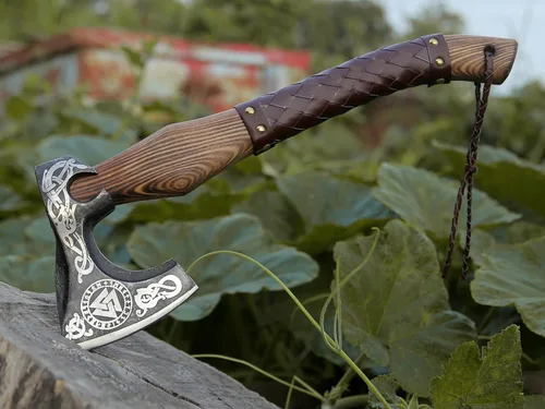 Miniatura 7 de ANCILLA Hacha vikinga de 16 pulgadas para camping, hecha de hoja de acero al carbono forjada a mano y mango de palisandro, el hacha viene con funda