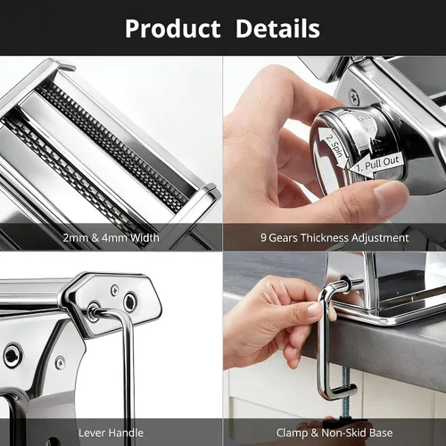 Miniatura 3 de Máquina para hacer pasta METLUCK, máquina de pasta de acero inoxidable manual con rodillo y 9 ajustes de grosor para espaguetis, linguine