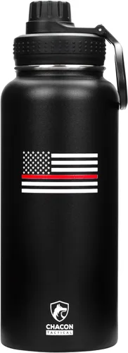 Miniatura 12 de Botella de agua aislada, negro, acero inoxidable, 32 onzas, diseño de bandera estadounidense de línea azul fina, boca ancha