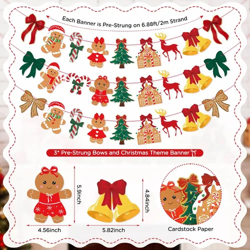 Miniatura 2 de 3 unidades de pancarta de Navidad con lazo vintage, lazos verdes y rojos, árbol de Navidad, árbol de Navidad, hombre de jengibre, guirnalda