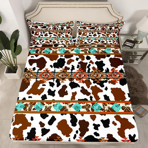 Miniatura 19 de Juego de ropa de cama de estilo bohemio occidental, tamaño individual, diseño de vaca atrapasueños, sábana bajera ajustable del suroeste, tribu