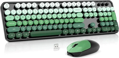 Miniatura 28 de MOWUX - Combo de teclado y mouse inalámbricos, máquina de escribir de tamaño completo, retro, redondo, lindo mouse óptico inalámbrico, Plug and Azul