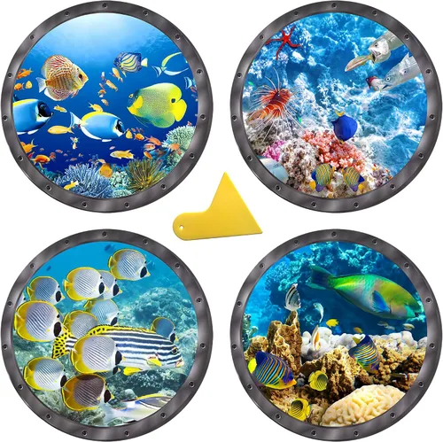 Miniatura 7 de Calcomanías adhesivas redondas 3D para ventana de ojo de buey de 11 pulgadas, tema oceánico (tortuga marina, tiburón, delfín), calcomanías vinuales