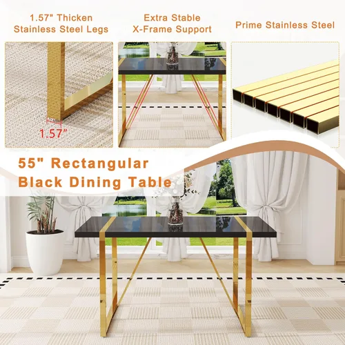 Miniatura 5 de Juego de mesa de comedor negra para 4, parte superior negra brillante de 55 pulgadas con patas de metal dorado, juego de mesa de comedor moderno