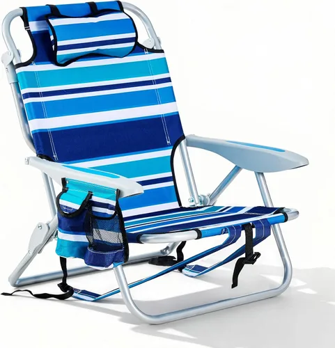 Miniatura 17 de Silla de playa tipo mochila para adultos, silla de camping plegable portátil con 5 posiciones reclinable, reposacabezas, portavasos y bolsa