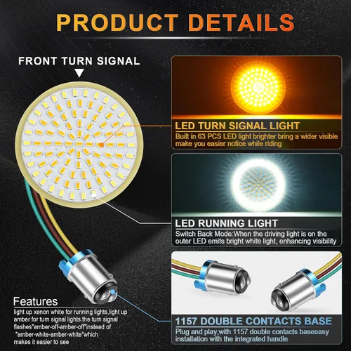 Miniatura 2 de LivTee Señales de giro delanteras extremadamente brillantes y panel de luces LED Switchback de funcionamiento con base 1157 compatible con Harley