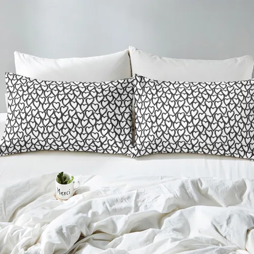 Miniatura 4 de Erosebridal Juego de sábanas de amor en forma de corazón, sábana bajera ajustable blanca y negra, sábana superior gris para niños y niñas
