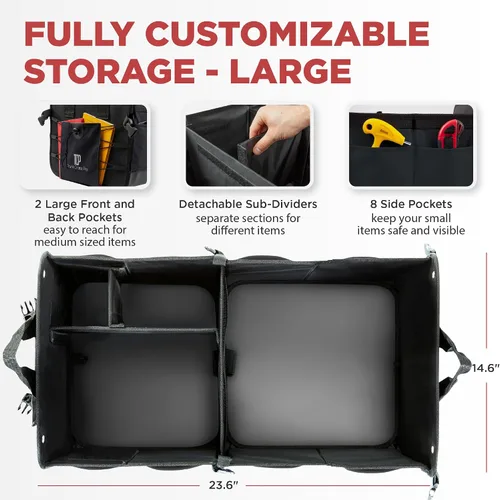 Miniatura 2 de Caja organizadora portátil retráctil de varios compartimentos de primera calidad TrunkCratePro para autos, SUV, camiones, minivans, Negro