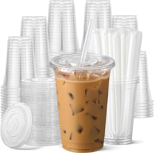 Miniatura 9 de AOZITA Paquete de 100 vasos de plástico transparente de 20 onzas con tapas y pajitas, tazas de café helado desechables aptas para alimentos