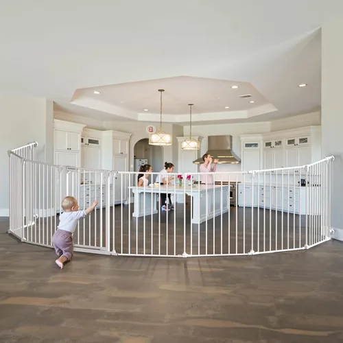 Miniatura 9 de Puerta extra ancha para bebés de 150 pulgadas, puerta de seguridad infantil para patio de juegos, puertas para perros con puerta de cierre Blanco