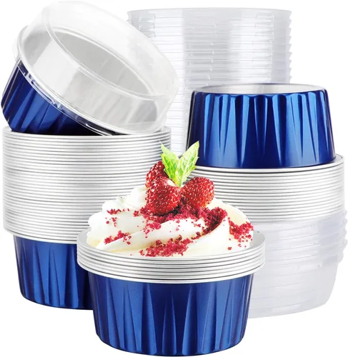 Miniatura 12 de EUSOAR Moldes de Papel de Aluminio para Hornear, 5oz 50 piezas Moldes Reutilizables para Cupcakes con Tapas, 3.34x2.59x2.35 pulgadas 125ml Moldes