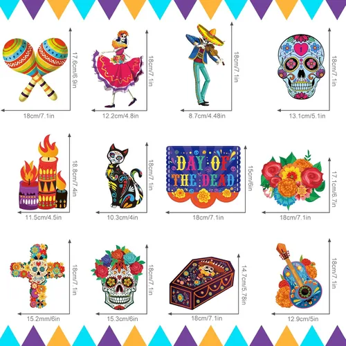Miniatura 2 de 30 remolinos de papel de aluminio del Día de los Muertos, decoraciones de Halloween, calavera de azúcar, flores colgantes en el techo, remolinos