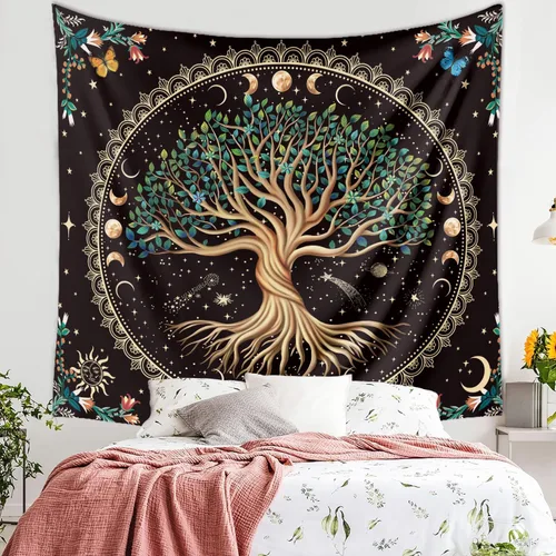 Miniatura 9 de Tapiz de árbol de la vida de fase lunar, naturaleza, flores, plantas, mariposas, tapices bohemios, mandala espiritual, tapiz estético para colgar
