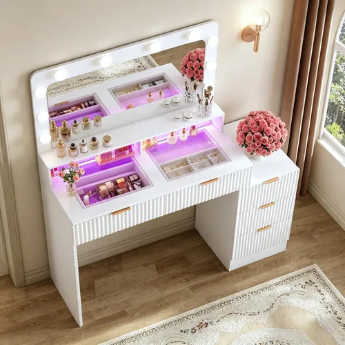 HUAHUU Escritorio de tocador acanalado con espejo y luces, escritorio de maquillaje con parte superior de cristal, mesita de noche y diseño de panel