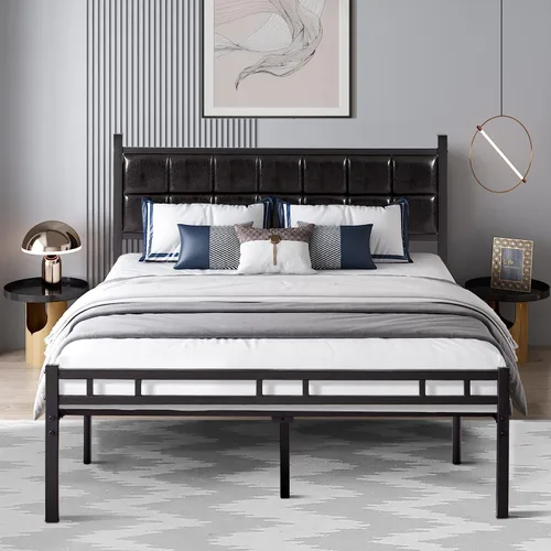 Miniatura 11 de VECELO Base de cama matrimonial, cama tapizada con cabecera de piel sintética, soporte de listones de metal fuerte, sin ruido, no necesita somier