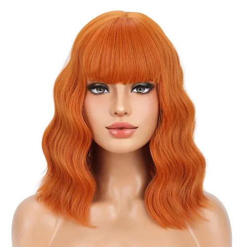 Miniatura 27 de BERON 14 Inches Ash Blonde Wig with Bangs Short Curly Wig Short Ash Blonde Bob Synthetic Wigs for Women Daily Halloween Party or Cosplay Hairnet