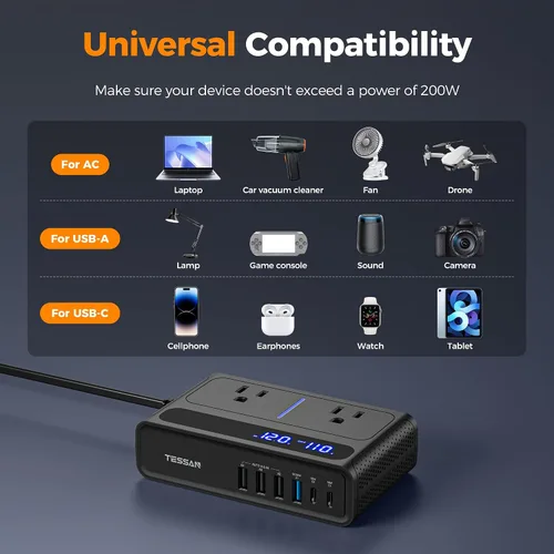 Miniatura 7 de TESSAN - Inversor de corriente para automóvil de 200 W, convertidor de 12 V CC a 110 V CA con 2 salidas de CA y 6 puertos USB con USB de 36 W