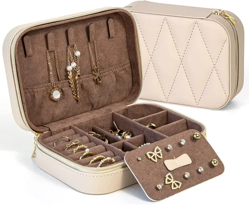 KAMIER Joyeros pequeños para mujer Caja organizadora de joyería de piel sintética para aretes, anillos, collares Lindo joyero para mujeres,