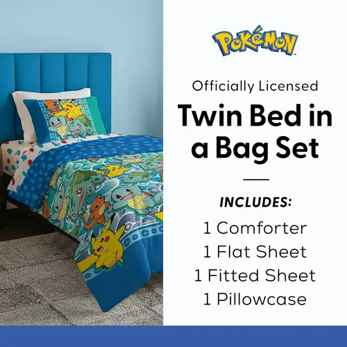 Miniatura 7 de Northwest Juego de cama individual en una bolsa – Diseño Pokémon First Starters – Juego de cama de 5 piezas con edredón, sábana bajera, sábana