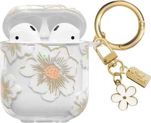 Miniatura 15 de Funda compatible con AirPods, funda de TPU suave con bonito patrón de flores para AirPods de 2 y 1 generación con llavero colgante y mosquetón