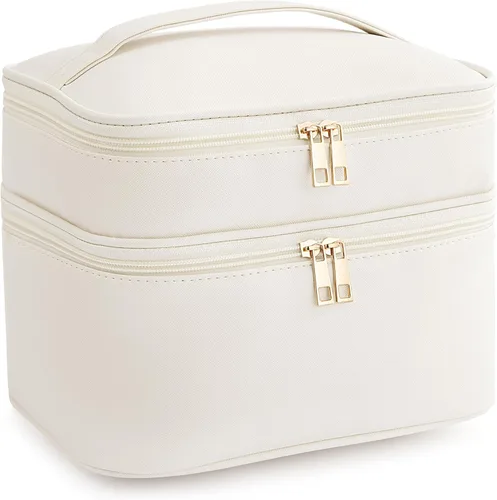 HBlife Bolsa de maquillaje de viaje de doble capa, portátil, bonita bolsa de cosméticos de cuero, bolsa grande de maquillaje, organizador de Beige