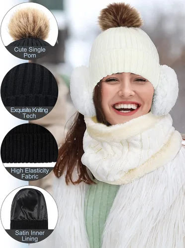 Miniatura 3 de 10 piezas de gorro de invierno bufanda guantes de punto cálido bufanda guantes pantalla táctil orejeras calcetines satén forro interior sombrero