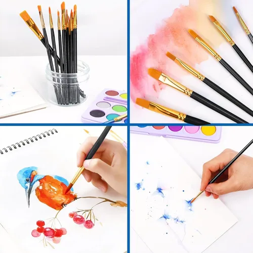 Miniatura 4 de AROIC Juego de pinceles de pintura acrílica, 2 paquetes/20 cepillos de pelo de nailon para todo uso, pintura al óleo, acuarela, pintura, kits Negro
