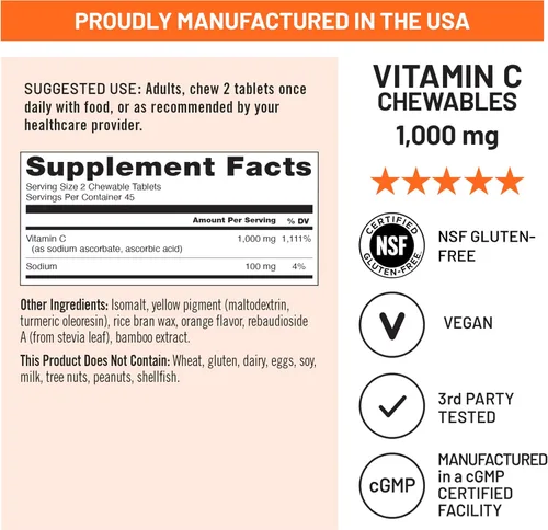 Miniatura 7 de NatureWise Vitamina C masticable extra fuerte 1000 mg para adultos, sabor natural a naranja, sistema inmunológico y apoyo antioxidante, sin OMG