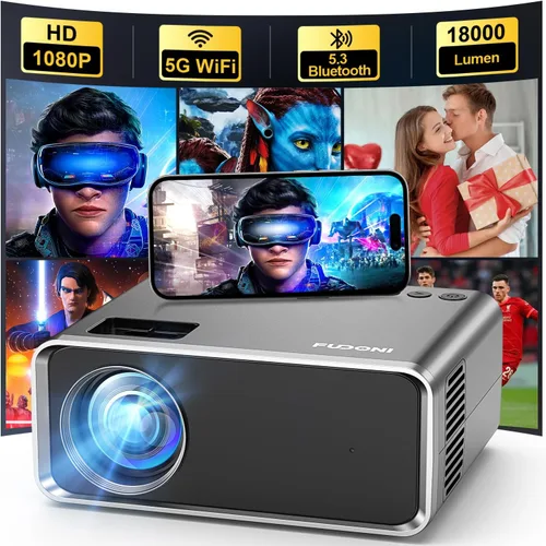 FUDONI Proyector con WiFi y Bluetooth 4K compatible, proyectores de películas para exteriores mejorados de 18000L para exteriores Native 1080P FHD,