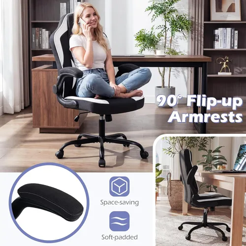 Miniatura 5 de Giantex Silla de oficina ergonómica, silla de escritorio de tela de lino con reposabrazos abatibles de 90°, altura ajustable, función mecedora
