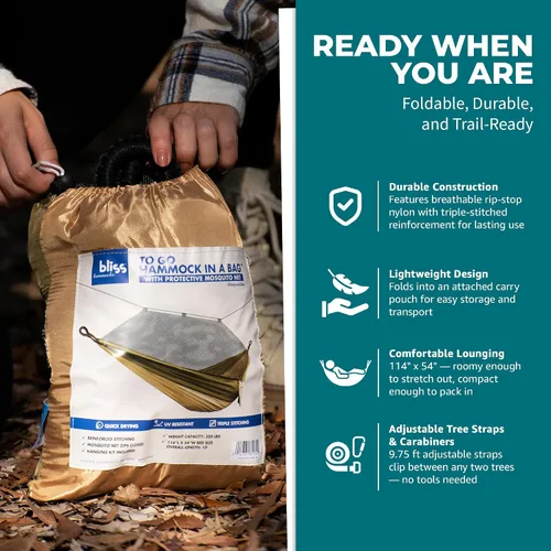 Miniatura 6 de Bliss Hammocks Hamaca en una bolsa con mosquitera y correas ajustables para árboles, hamaca de nailon para acampar y uso al aire libre, capacidad