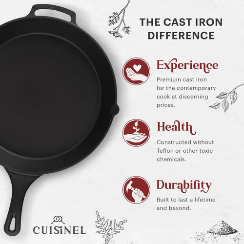Miniatura 2 de Cuisinel Sartén de hierro fundido de 15" + tapa de vidrio + raspador de sartén negro + cubierta de agarre de mango de silicona - Utensilios
