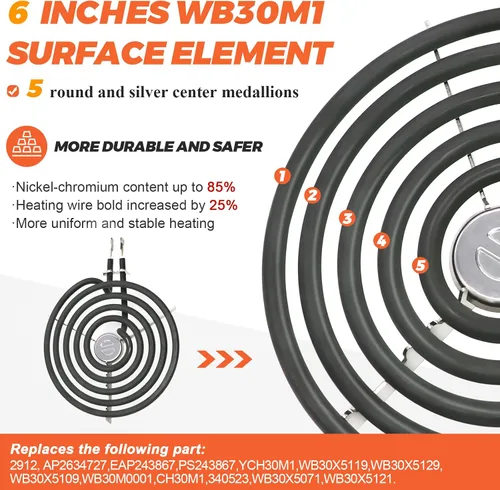 Miniatura 3 de Paquete de 4 quemadores eléctricos ERS30M1 ERS30M2 de repuesto para GE Hotpoint Kenmore, repuesto para quemador de estufa eléctrica de 6 y 8