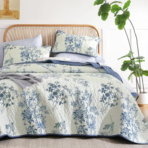 WONGS BEDDING Juego de edredón floral matrimonial, juego de colcha con patrón botánico azul para mujeres, adolescentes y niñas, juego de ropa de