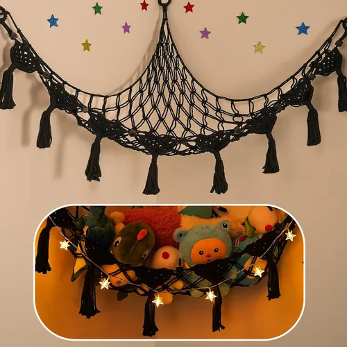 Miniatura 25 de Hamaca para Animales de Peluche de Esquina - 142 cm Jumbo Hecha a Mano de 5mm de Doble Cordón de Macramé para Almacenamiento de Animales de Peluche